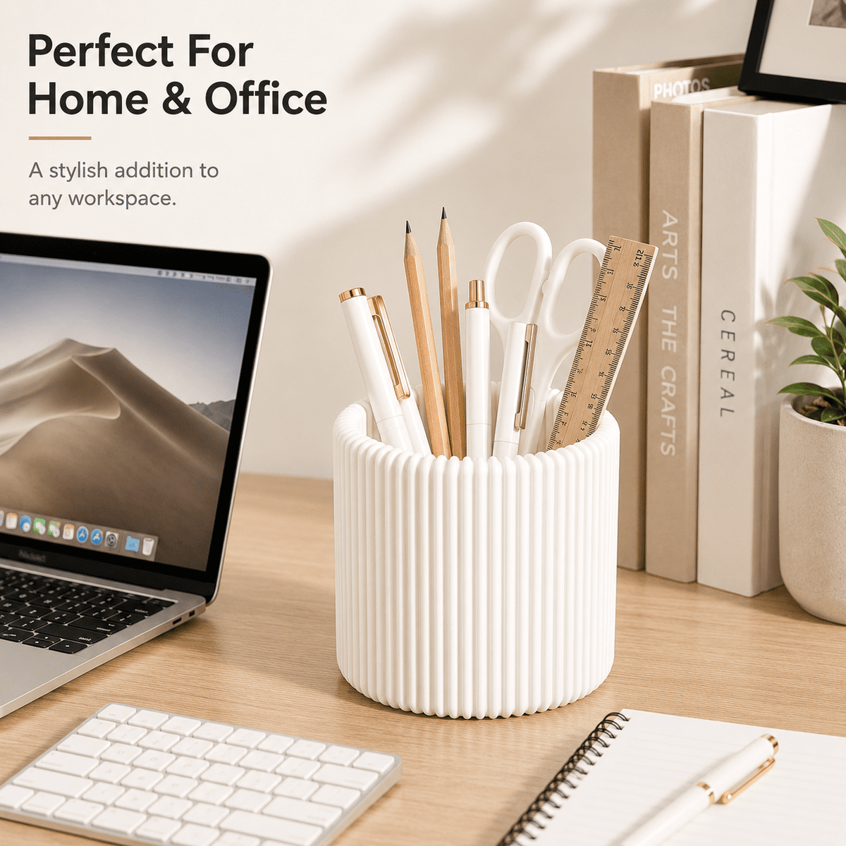 Fluted Desk Cup for Pens and Brushes, White Cylinder Organizer, 3.94 x 3.74 in - Image 2