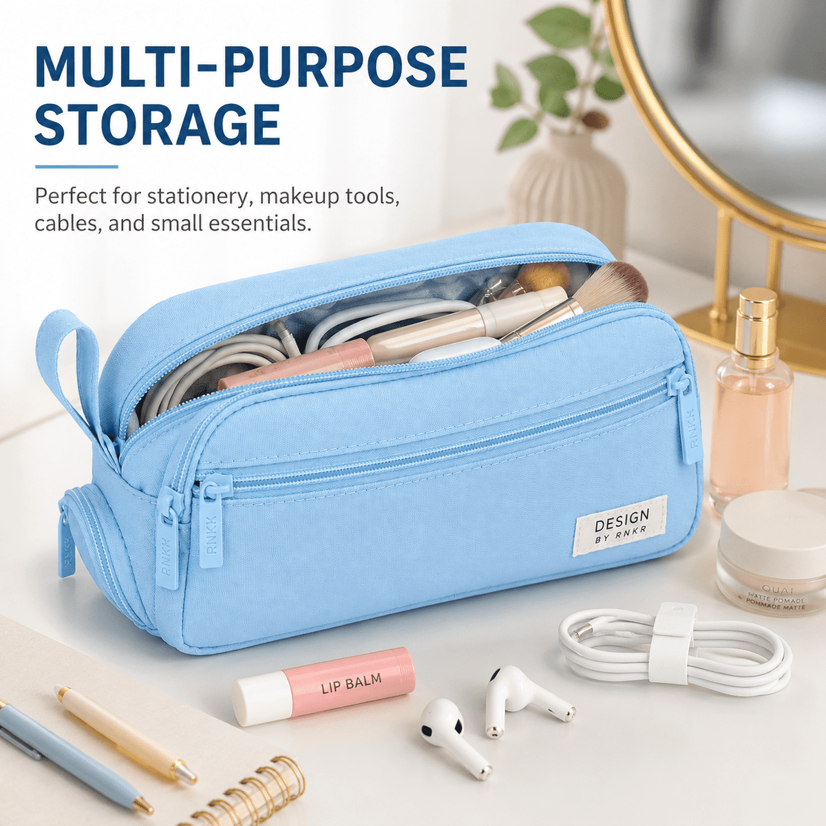 Canvas Pencil Case with Dual Zippers, Multi-Compartment Pen Pouch, 9.84 in - Image 5