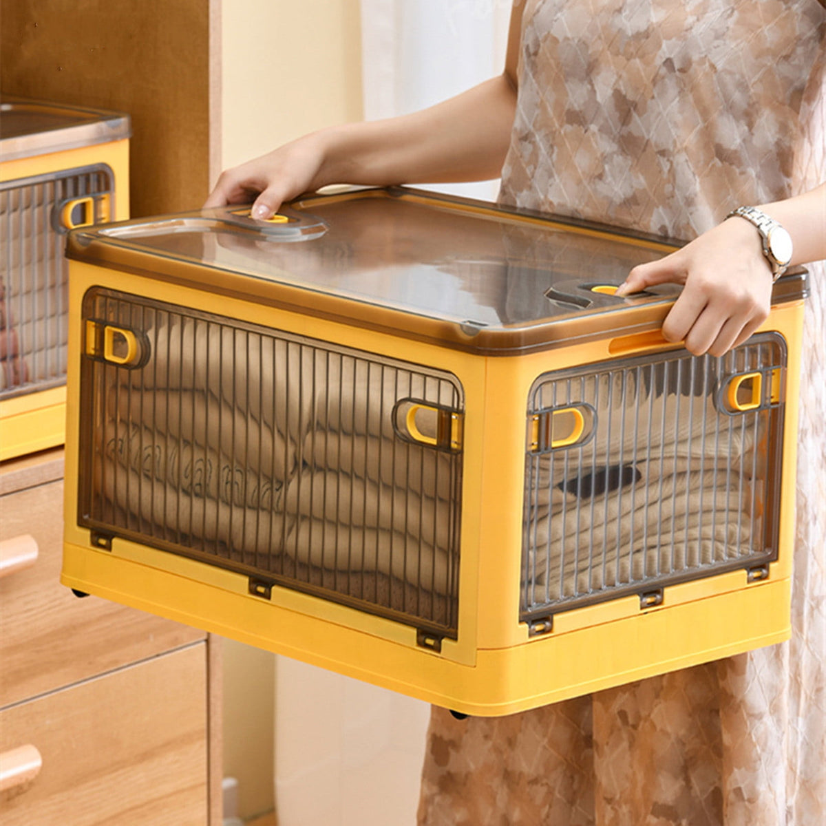 Folding Storage Box with Lid, 28 L Stackable Bin with Front Door, Yellow - Image 2