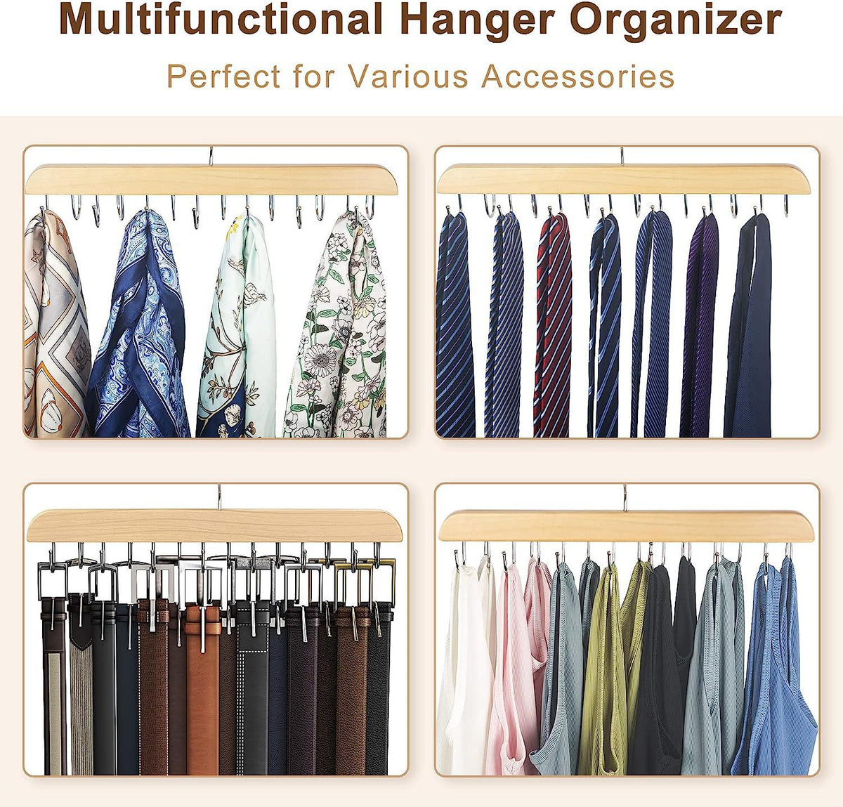 Wooden Belt Hanger with 14 Swivel Hooks, Closet Rack for Ties and Scarves - Image 3