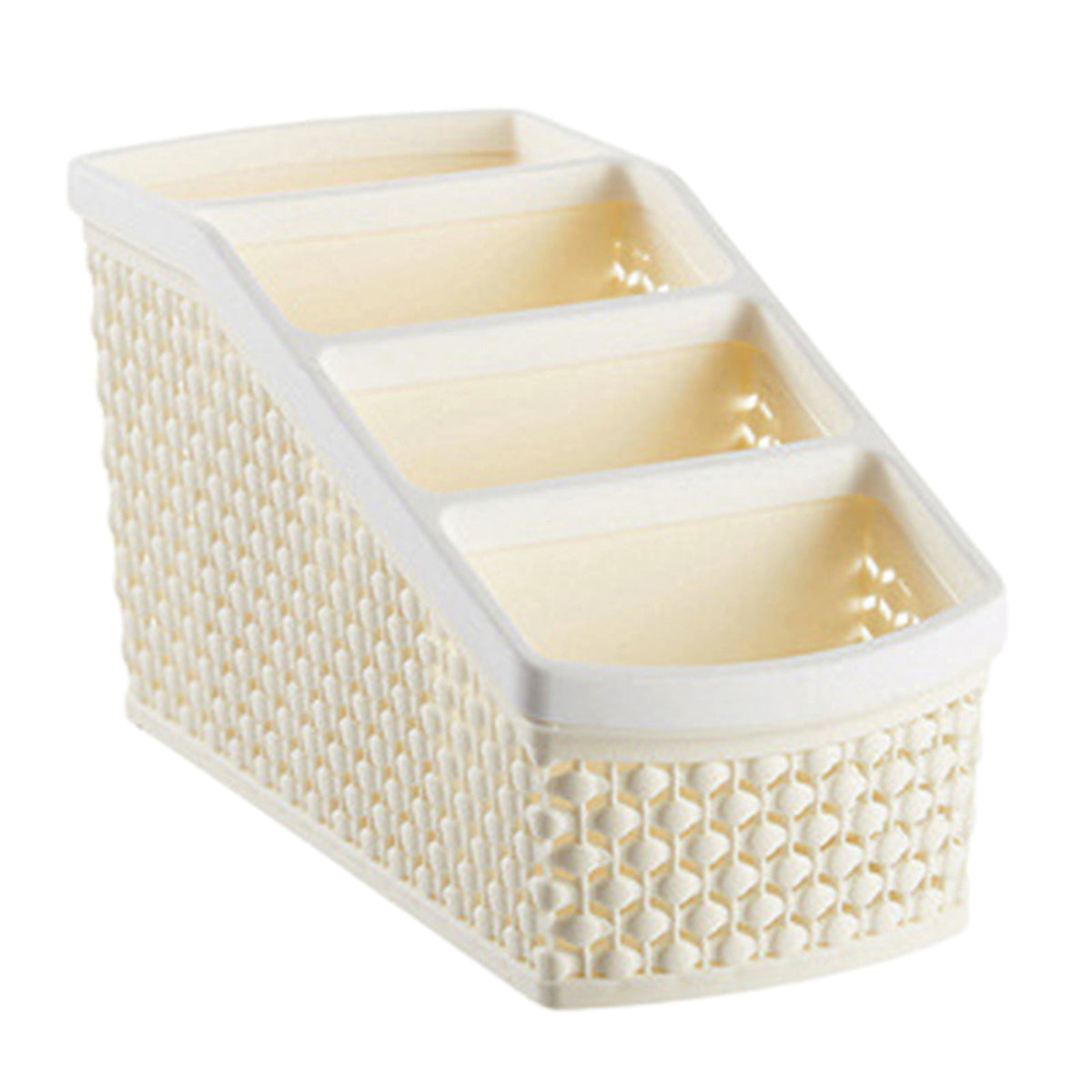 Trapezoid Desk Caddy with 4 Sections, Beige Open-Weave Tabletop Basket
