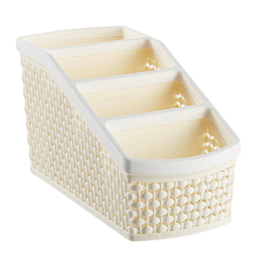 Trapezoid Desk Caddy with 4 Sections, Beige Open-Weave Tabletop Basket