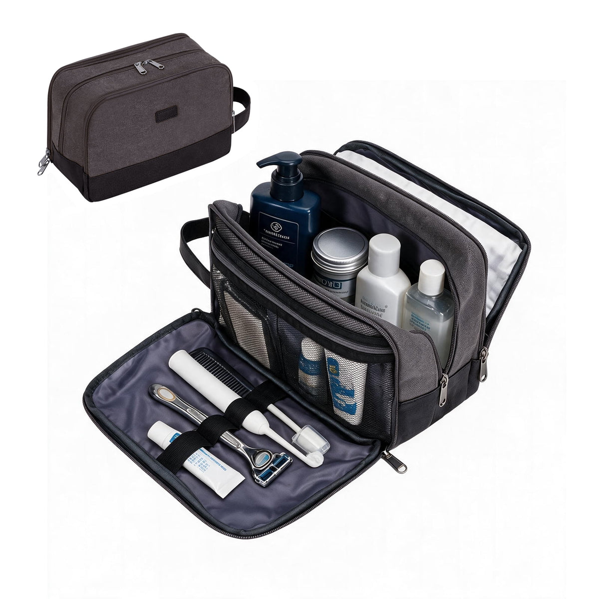 Hanging Toiletry Bag in Water-Resistant Canvas, Wet Pocket, Dark Gray