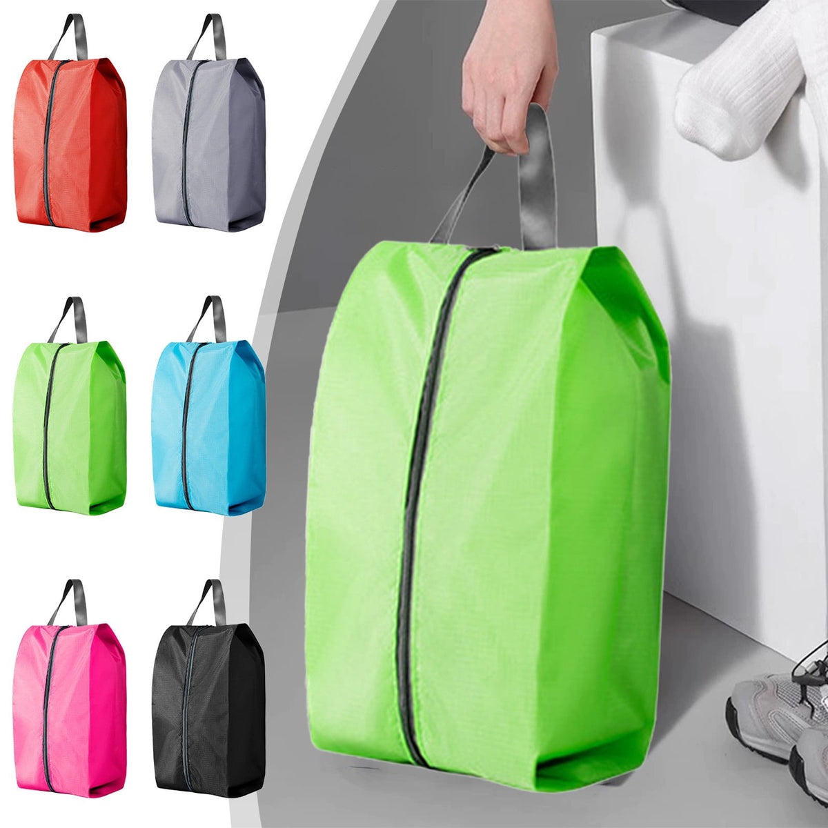 Large Travel Shoe Bag with Zip and Handle, Water-Repellent Nylon, Red - Image 2