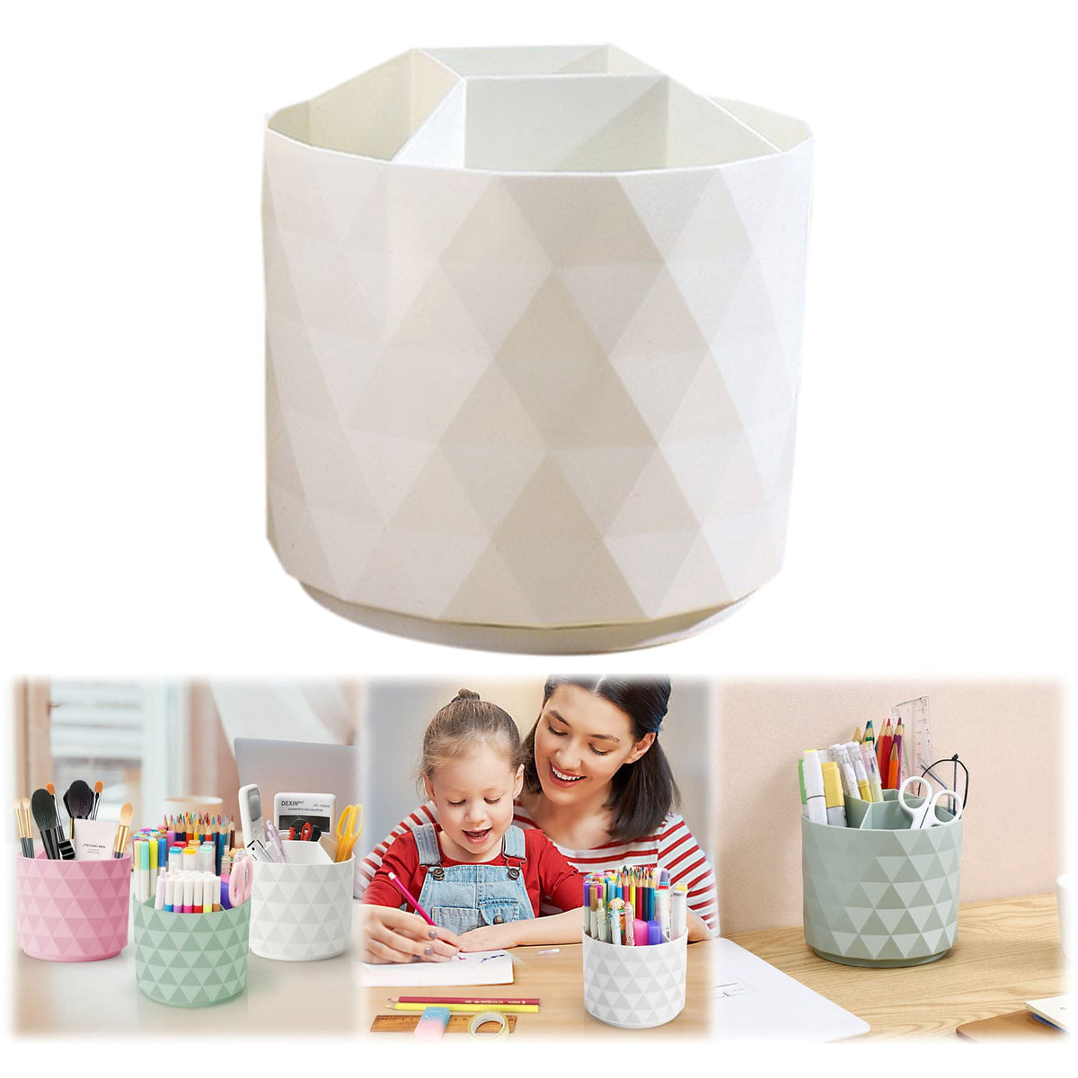 Rotating Pen Cup with 5 Compartments, White Desk Caddy, 4.72 x 5.51 in - Image 2