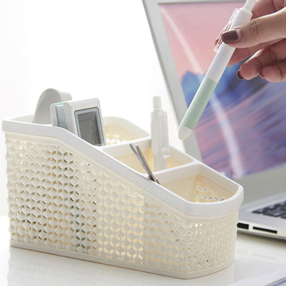 Trapezoid Desk Caddy with 4 Sections, Beige Open-Weave Tabletop Basket - Image 5