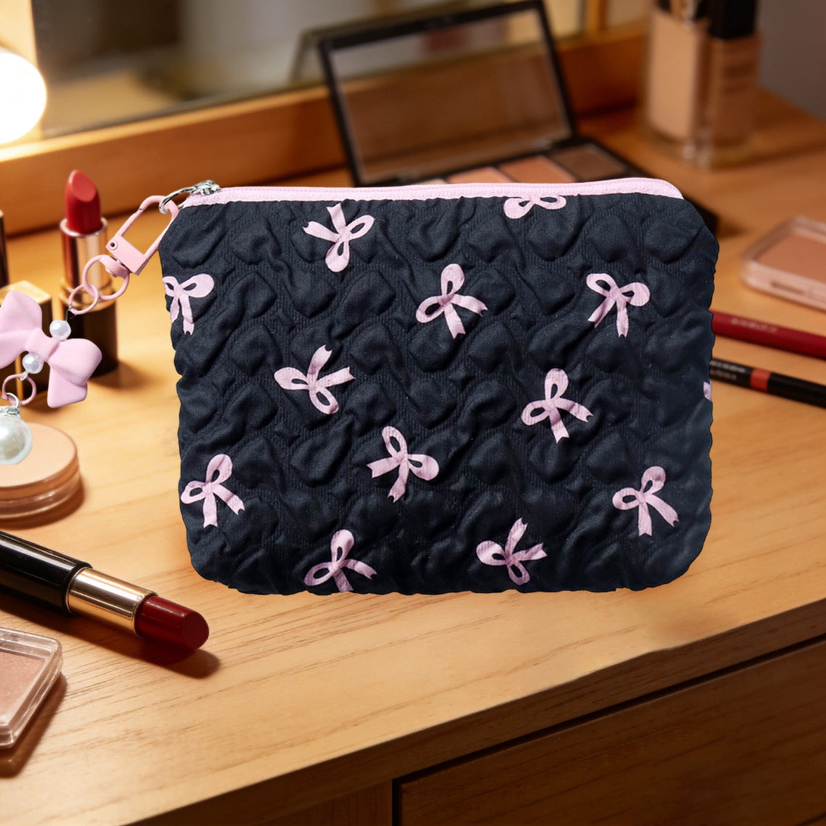 Bow-Shaped Mini Pouch with Zip, Small Lipstick and Coin Purse, Black - Image 4