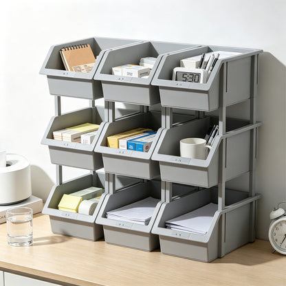 Open-Front Stackable Storage Bin, Thick Gray Plastic Tote with Legs, 9.5 in - Image 2