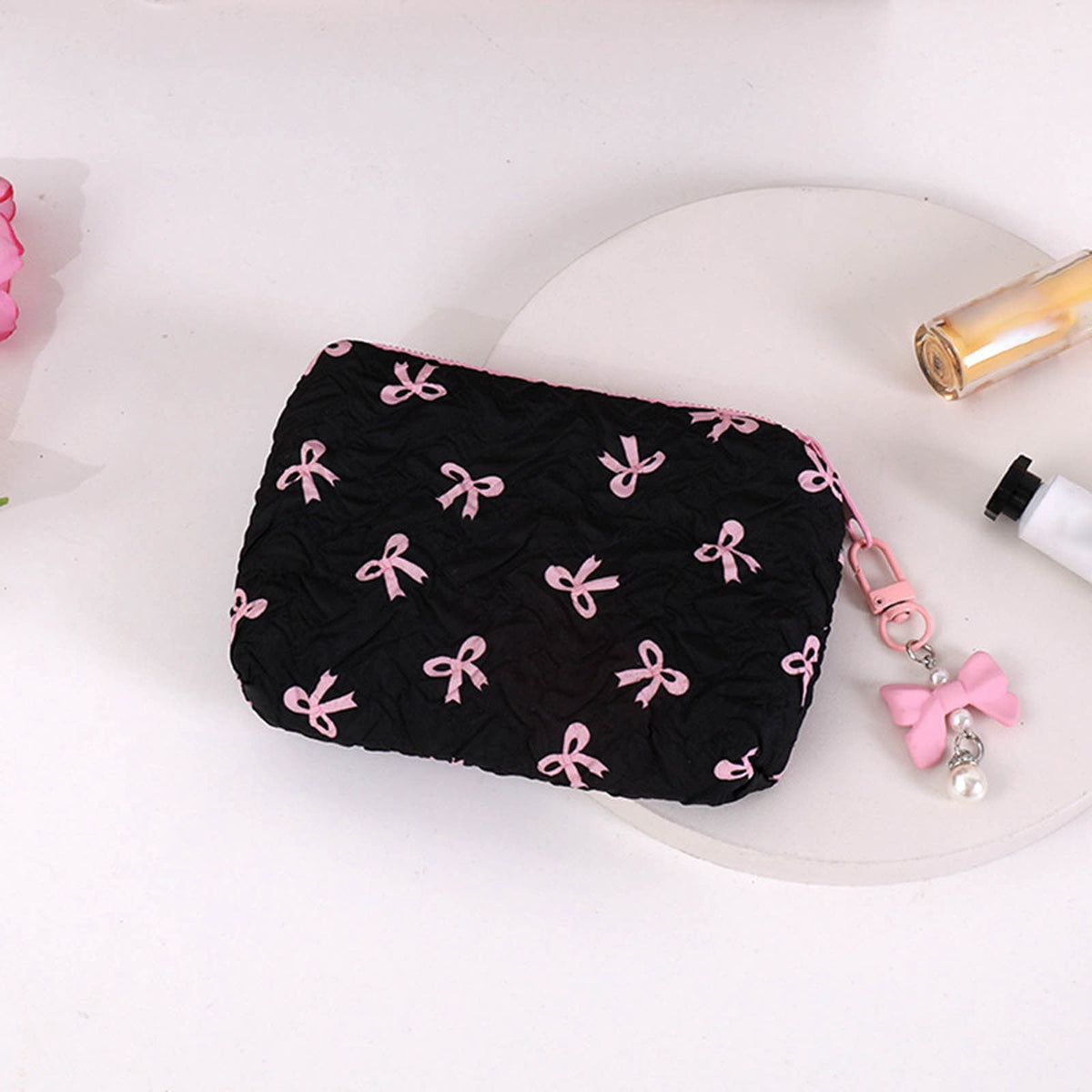 Bow-Shaped Mini Pouch with Zip, Small Lipstick and Coin Purse, Black - Image 2