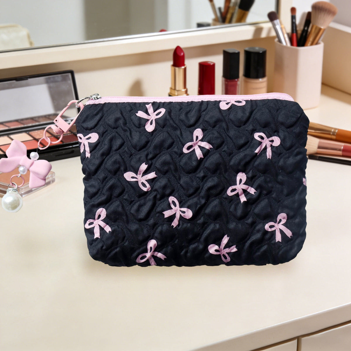 Bow-Shaped Mini Pouch with Zip, Small Lipstick and Coin Purse, Black - Image 5