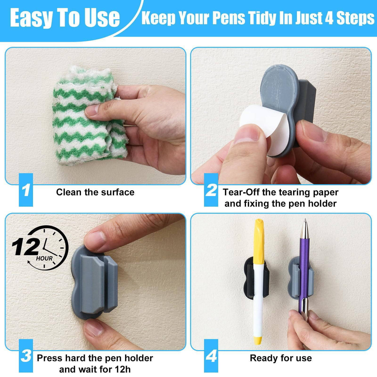 Adhesive Silicone Pen Holders for Desk and Wall, Set of 5, Black - Image 4