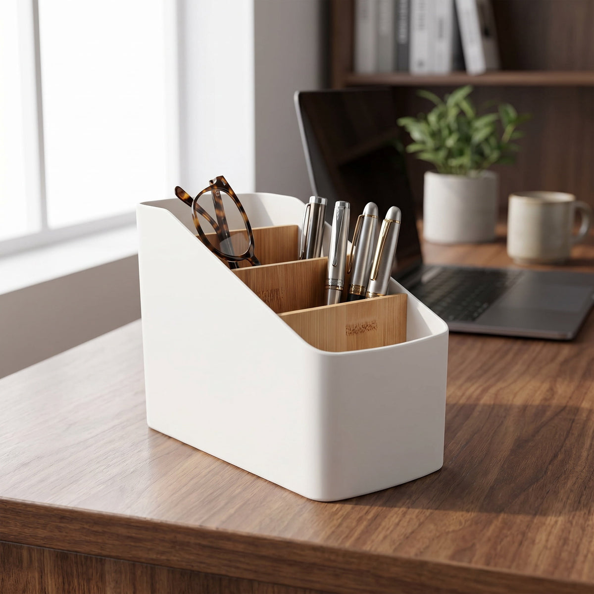 Three-Compartment Remote and Desk Caddy, White Tabletop Organizer - Image 2