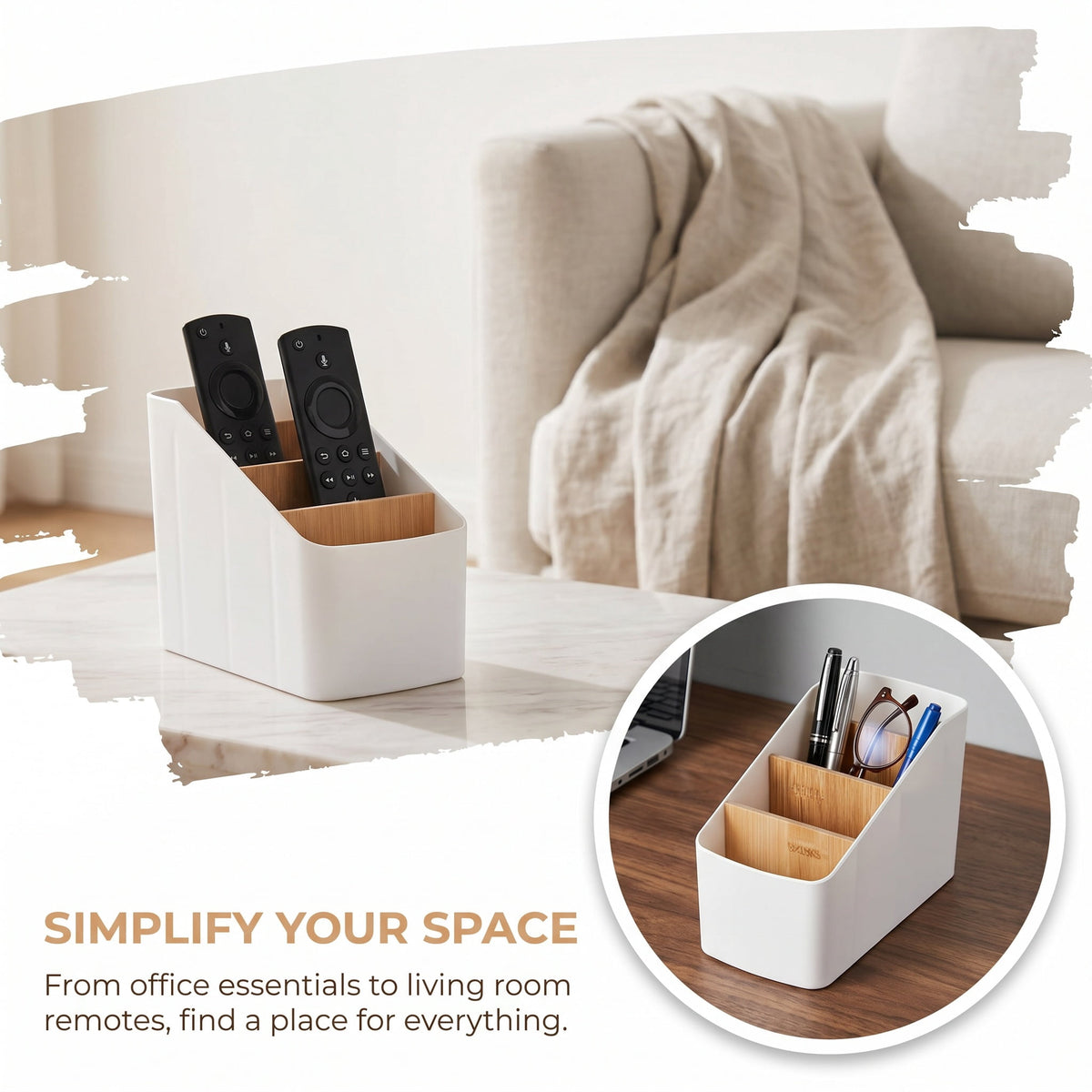 Three-Compartment Remote and Desk Caddy, White Tabletop Organizer - Image 6