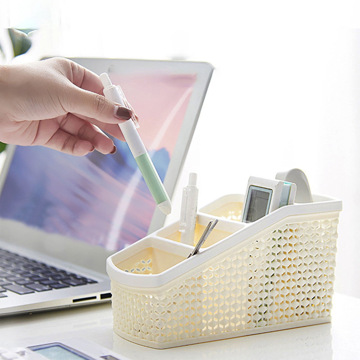Trapezoid Desk Caddy with 4 Sections, Beige Open-Weave Tabletop Basket - Image 2