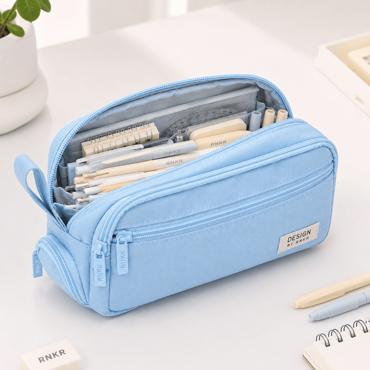 Canvas Pencil Case with Dual Zippers, Multi-Compartment Pen Pouch, 9.84 in - Image 3