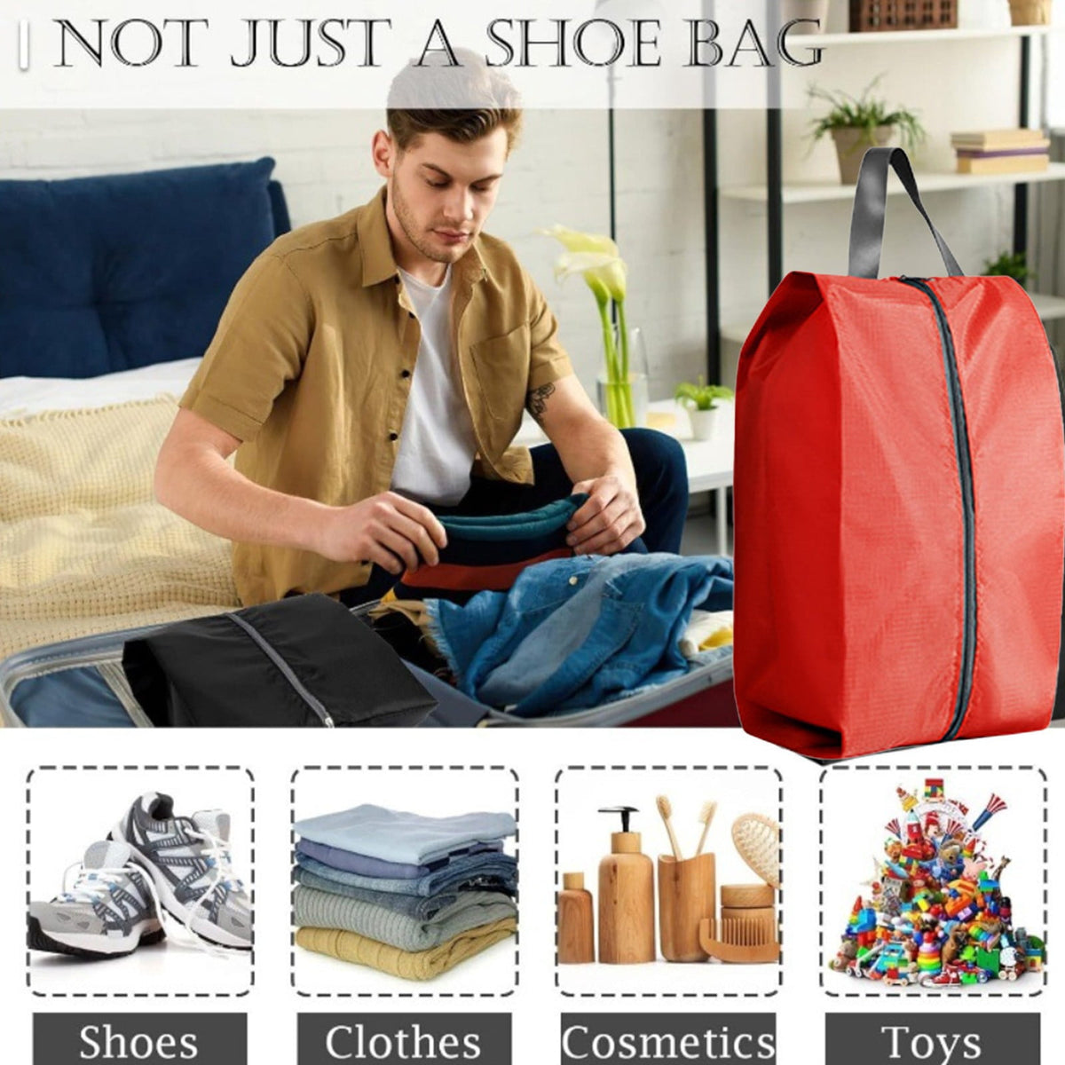 Large Travel Shoe Bag with Zip and Handle, Water-Repellent Nylon, Red - Image 5
