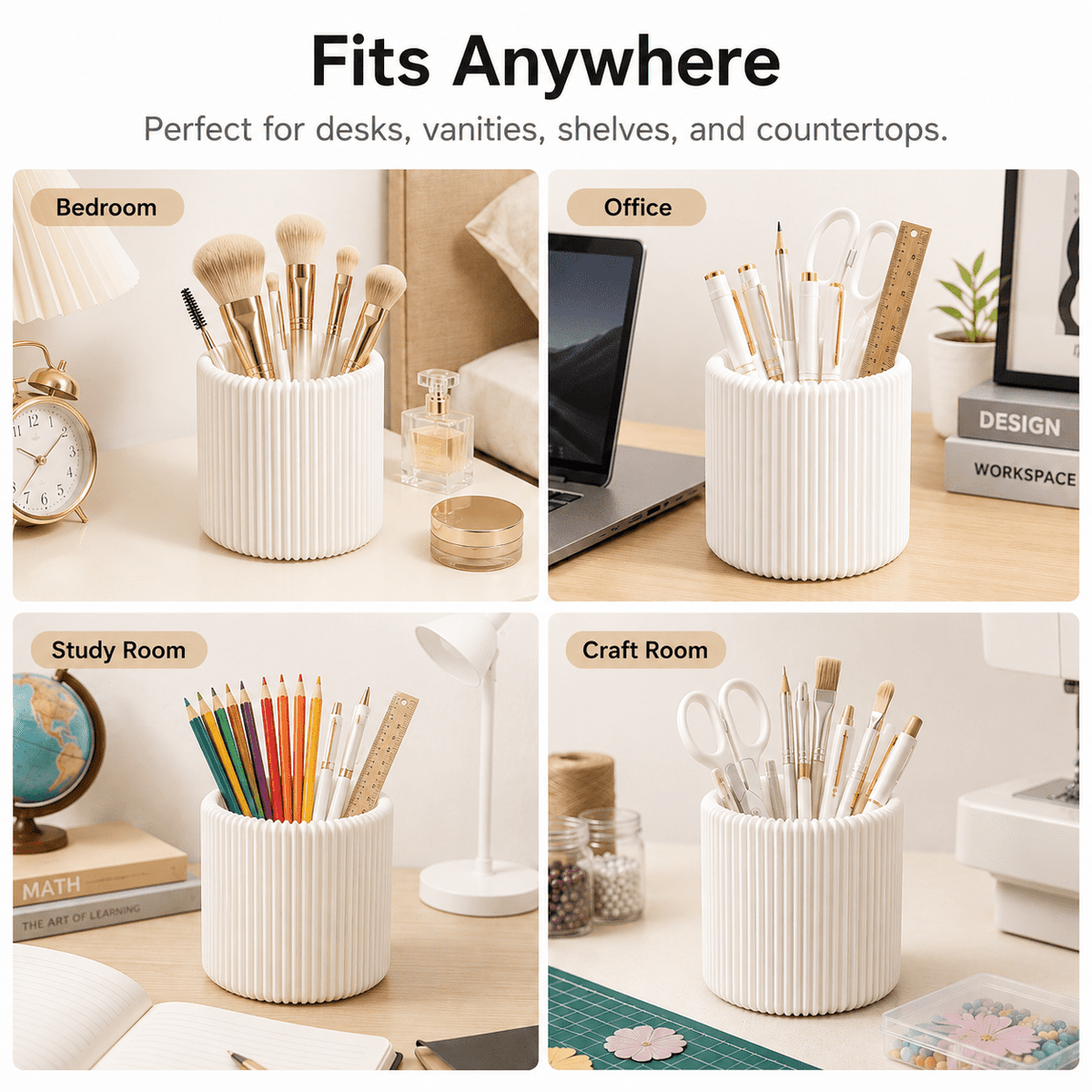 Fluted Desk Cup for Pens and Brushes, White Cylinder Organizer, 3.94 x 3.74 in - Image 3