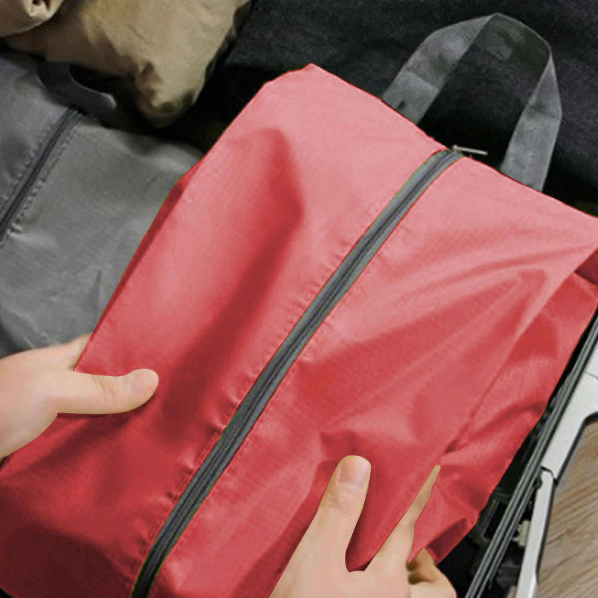 Large Travel Shoe Bag with Zip and Handle, Water-Repellent Nylon, Red - Image 6