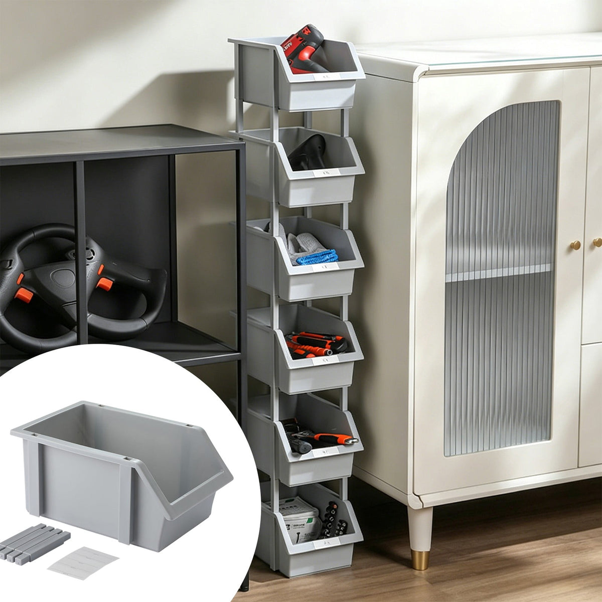 Open-Front Stackable Storage Bin, Thick Gray Plastic Tote with Legs, 9.5 in - Image 4