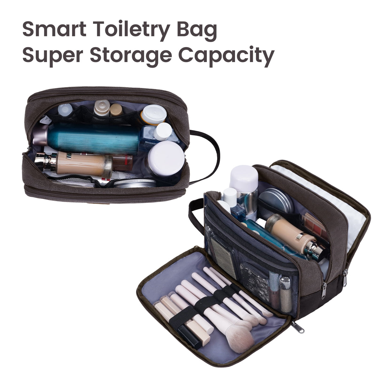 Hanging Toiletry Bag in Water-Resistant Canvas, Wet Pocket, Dark Gray - Image 2