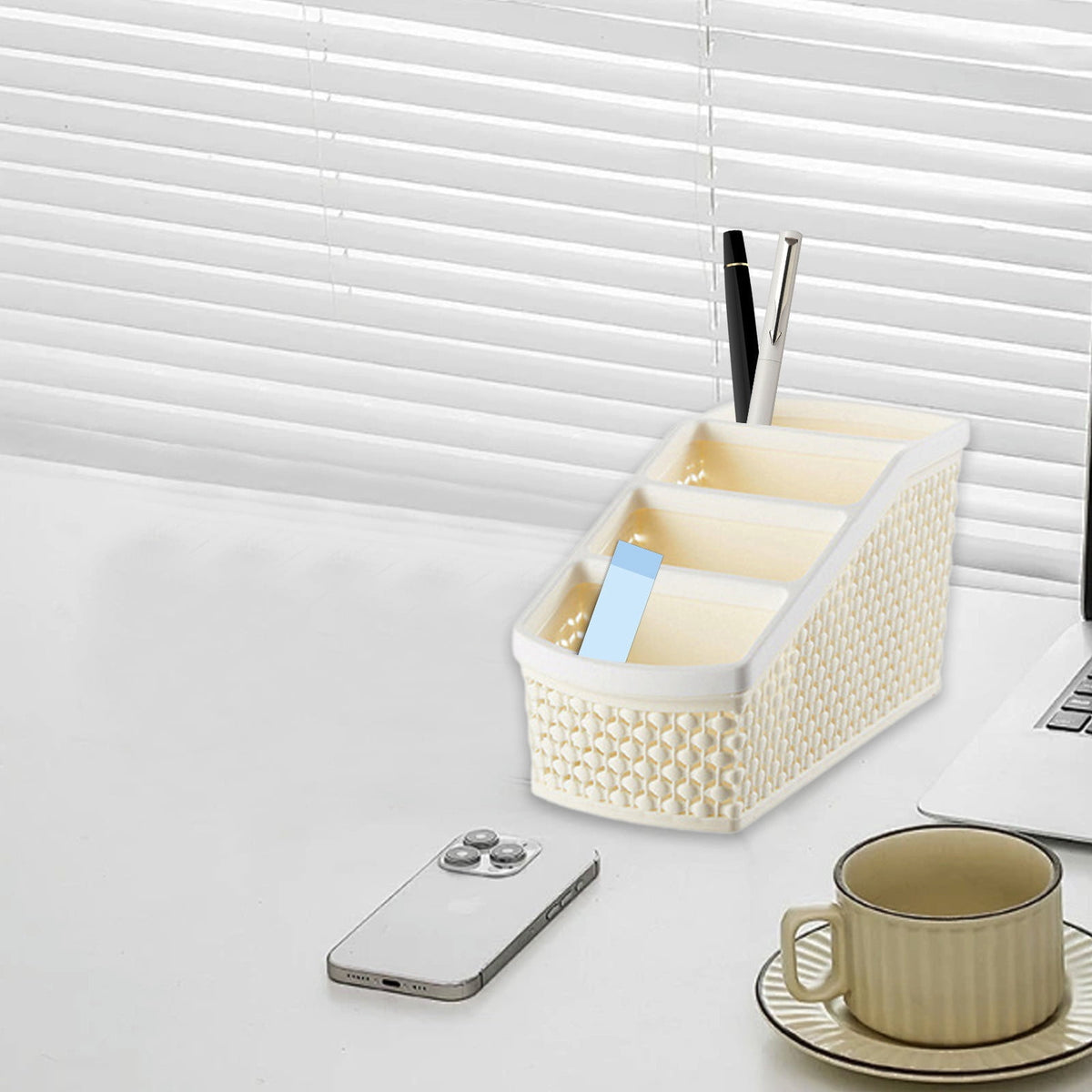 Trapezoid Desk Caddy with 4 Sections, Beige Open-Weave Tabletop Basket - Image 4