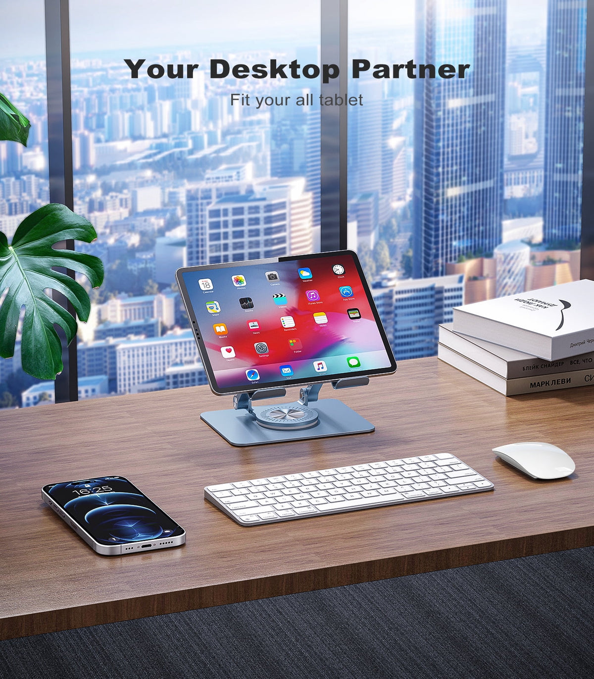 Aluminium Tablet Stand with Swivel Base, Blue Adjustable Desk Holder - Image 2